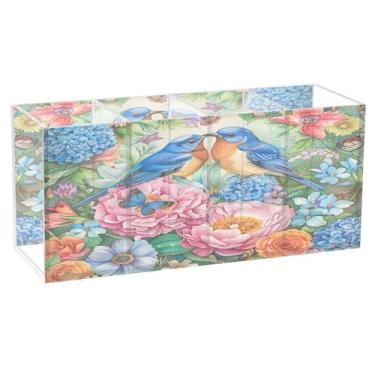 Imagem de SEHANY Lindo porta-canetas de acrílico com flores em aquarela, pássaro, 4 compartimentos, porta-lápis transparente, organizador de pincéis de maquiagem, organizador de papelaria para escritório, casa
