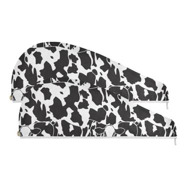 Imagem de SEHANY Toalha de cabelo de microfibra com estampa de vaca preta e branca, 2 peças, turbantes de cabelo de secagem rápida com botão, touca de cabelo seco absorvente, toalha de secagem de cabelo para