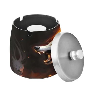 Imagem de Blueangle Cinzeiro de lobos com fogo com tampa para cigarros, à prova de vento/chuva, aço inoxidável, sem fumaça, inodoro, cinzeiro para uso interno ou externo (549)