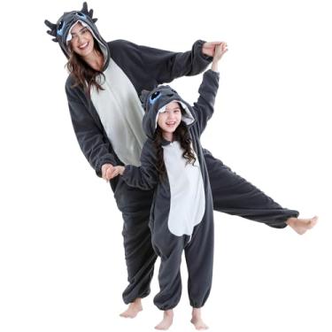 Imagem de MICHLEY Fantasia unissex de cosplay de animais de Halloween, pijama de peça única com capuz com zíper para homens e mulheres, Cinza, 8 Anos