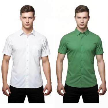 Imagem de Kit 2 Camisas Sociais Microleve Manga Curta cor:Branco,Verde BandeiraT