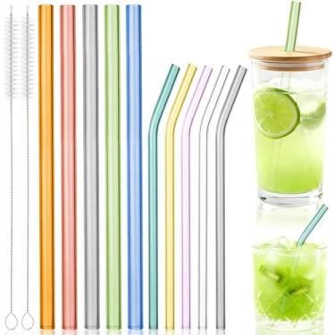 Imagem de DDHHRR 10 canudos de vidro reutilizáveis com 2 pincéis - 5 canudos de vidro borossilicato retos e 5 dobrados (8" x 8 mm e 9" x 10 mm) para chá Boba, vitaminas, coquetéis, café gelado (colorido)