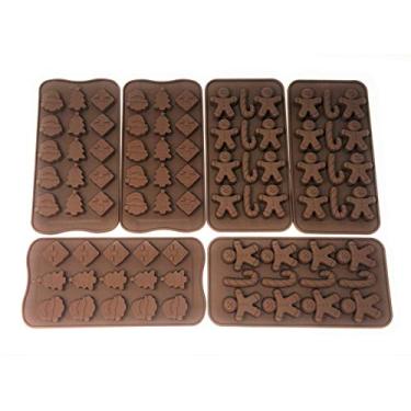 Imagem de Conjunto de 6 moldes de chocolate doce de silicone de Natal: apresenta Papai Noel, bengala doce, árvore, presentes e homem de gengibre