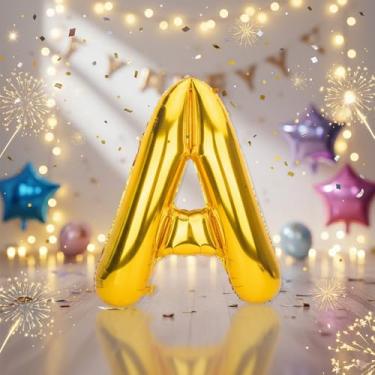 Imagem de Balões grandes com letras douradas de 81 cm A, balões de alfabeto Mylar preenchidos com hélio para festas de aniversário e decorações de aniversário, suprimentos de decoração de festa de ouro grande