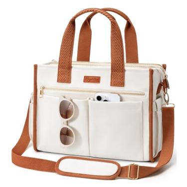 Imagem de Bolsa de lona para mulheres, bolsa transversal grande com 15 bolsos, bolsa bíblica para laptop com zíper para professores, trabalho, viagem, faculdade, M3. branco e marrom, Medium-14inch, Tendência