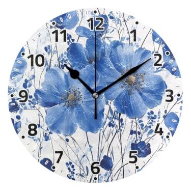 Imagem de WELLDAY Relógio de parede sem tique-taque 25 cm - flor azul operado por bateria relógio redondo silencioso de quartzo para casa/escritório/cozinha/sala de aula