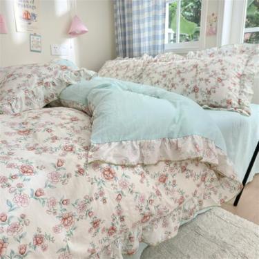 Imagem de Conjunto de capa de edredom de renda com 4 peças (1 capa de edredom + 1 lençol plano + 2 fronhas, sem núcleo), conjunto de cama com estampa de flores frescas, tule de duas camadas, renda de quatro