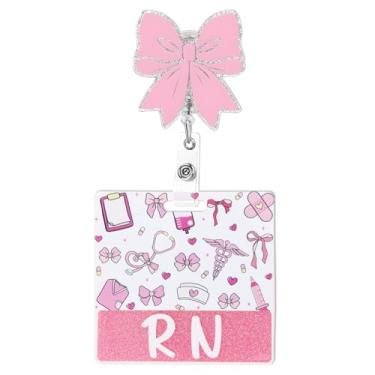 Imagem de AFRITEE RN Badge Buddy for Nurse, Pink Coquettte Bows Retrátil Enfermeira Carretel de Crachá de Enfermagem para Mulheres, Suporte de Crachá com Glitter Acrílico, Acessórios de Trabalho para Enfermeira