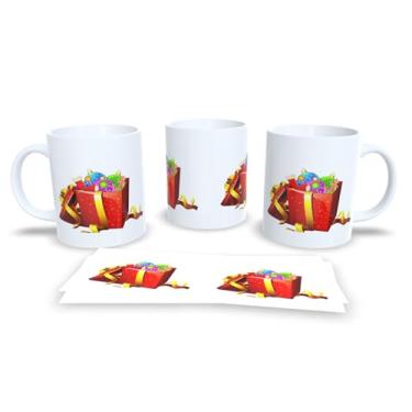 Imagem de Caneca de Cerâmica Natalina com Desenhos Decorativos, 325ml, Branca com Estampa de Enfeites em Verde, Vermelho e Azul, Conjunto com 4 Peças (11)