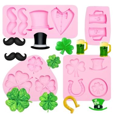 Imagem de Moldes de silicone para Dia de São Patrício, 4 peças, trevo de quatro folhas, moldes de fondant, chapéu irlandês, fondant, moldes de cozimento para decoração de bolos, topo de cupcake, doces, açúcar