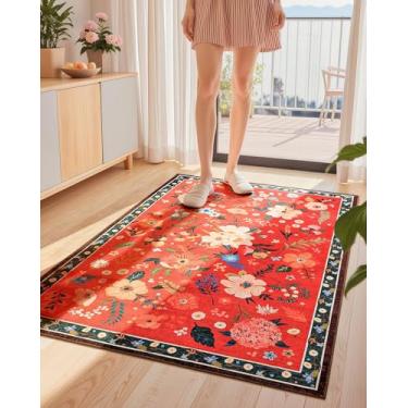 Imagem de Macgace Tapete floral 3x5 para quarto de meninas, tapetes laváveis à máquina com suporte antiderrapante para sala de estar, tapete de flores fofas, cozinha, sala de jantar, decoração de sala de jogos