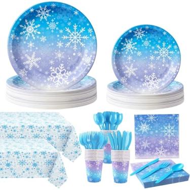Imagem de Conjunto de pratos e guardanapos de floco de neve de papel Frozen para festa de aniversário de 352 peças, conjunto de talheres descartáveis de flocos de neve de Natal azul e roxo para chá de bebê