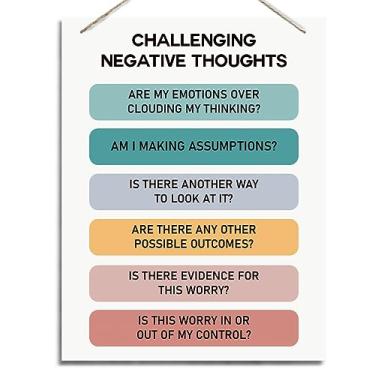 Imagem de Planilha de terapia placa de madeira - placa de atenção plena para adultos e consultório terapeuta - decoração de alívio da ansiedade - Desafie pensamentos negativos