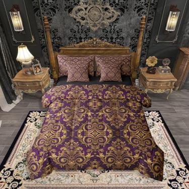 Imagem de Erosebridal Conjunto de edredom feminino retrô gótico damasco dourado roxo com 7 peças | Conjunto de lençóis e fronhas vintage barroco vitoriano estilo paisley em uma bolsa para adultos