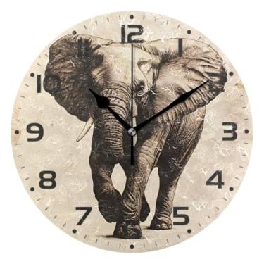 Imagem de JUZIHAI Relógio de parede de elefante africano, silencioso, redondo, sem tique-taque, operado por bateria, fácil de ler, relógio decorativo de parede para casa, cozinha, sala de estar, quarto