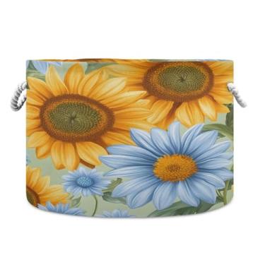 Imagem de JUZIHAI Lindo cesto de armazenamento grande de girassol, cesto de roupa suja dobrável à prova d'água com alças de corda de algodão para organização doméstica no quarto, banheiro e carro