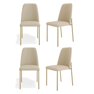 Imagem de Kit 04 Cadeiras Sala De Jantar Lior Com Encosto Estofado Base Dourada Linho Bege - Desk Design