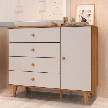Imagem de Cômoda Infantil Retrô 4 Gavetas com Porta Fraldário Lígia Off White Ca