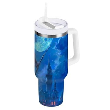 Imagem de ODAWA Copo grande isolado de parede dupla, copos isolados de aço inoxidável Moon Castle Blue com alça e tampa de canudo