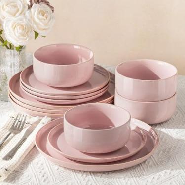 Imagem de TheTerra Conjunto de louça de cerâmica para 4, 12 peças, conjunto de pratos e tigelas de esmalte reativo feito à mão, resistente a arranhões, seguro para forno, micro-ondas e lava-louças, rosa Sakura