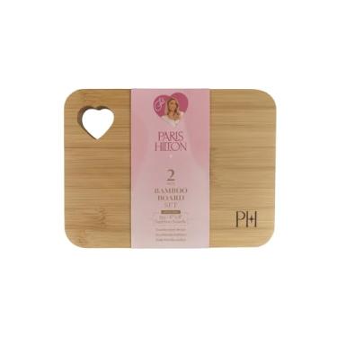 Imagem de Conjunto de tábua de corte de bambu de 2 peças, 15 x 20 cm, design frente e verso com recorte de coração, superfície adequada para facas