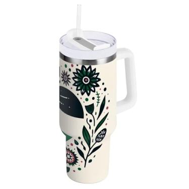 Imagem de ODAWA Copo isolado de parede dupla de 850 g, copo de isolamento duplo com bandeira de flores de coração com alça e canudo