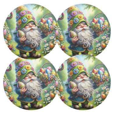 Imagem de Jogo americano de mesa de jantar com ovos de Páscoa Gnomo, conjunto de 4 tapetes de PVC redondos, 38 cm, jogo americano para festa de chá resistente ao calor para festa de Natal