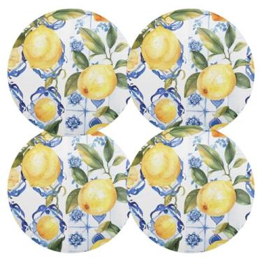 Imagem de Conjunto de 4 tapetes de mesa de cozinha com flores azuis e limões, 38 cm, jogo americano redondo de PVC, para mesa de jantar, mesa de cozinha