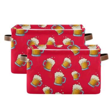 Imagem de Cestas de armazenamento de 36 cm com alças – cestas retangulares de lona para escritório em casa, quarto, canecas de cerveja vermelhas, pacote com 2