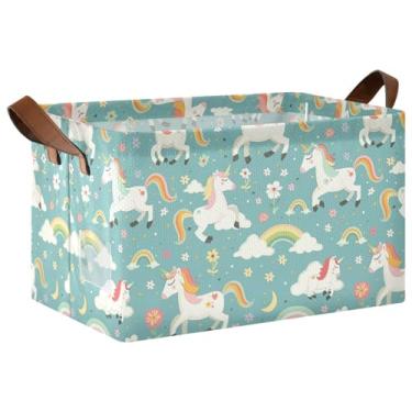 Imagem de ODAWA Organizador de armazenamento de roupas grande azul arco-íris unicórnio com alças, caixas para organização de armário 17,9 x 11,4 x 10 polegadas armazenamento de cesta 1 pacote