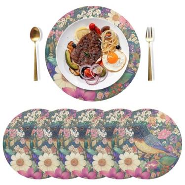 Imagem de Jogo americano colorido com flores de pássaro, 38 cm, tapetes de PVC para uso interno, conjunto de 6 jogos americanos à prova de calor