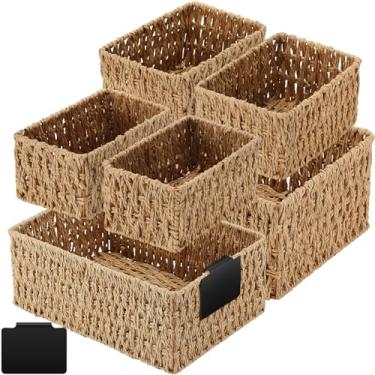 Imagem de Marsui 6 cestos de armazenamento de vime com etiquetas de alça de papel tecido à mão, caixas de armazenamento marrom de vários tamanhos para organizar cestas pequenas, recipiente para prateleiras