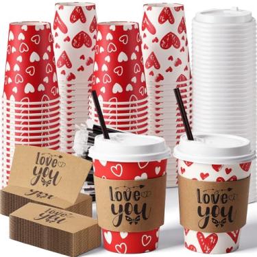Imagem de Tanlade 50 conjuntos de xícaras de café descartáveis para Dia dos Namorados com tampas e mangas, canudos, copos de papel coração de amor de 340 g para chá de cacau quente, bebida, artigos de festa dos