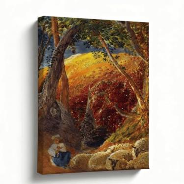 Imagem de Arte de parede em tela de campo pastoral, paisagem de pintura a óleo de menina pastoral com ovelhas, arte de cena de fazenda Golden Hill para sala de estar quarto corredor, decoração de parede de