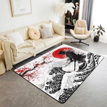 Imagem de Feelyou Samurai japonês tapete decorativo para crianças, 12 x 18 cm, onda japonesa, para meninos, meninas, adolescentes, flores de cerejeira, decoração de casa, tapetes de sala de estar, estampa de