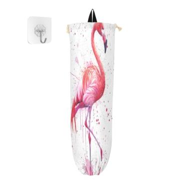 Imagem de Flamingo rosa em uma parede de dispensador de sacola de compras branca, organizador de sacos de armazenamento de cozinha, protetor de saco para sacolas plásticas