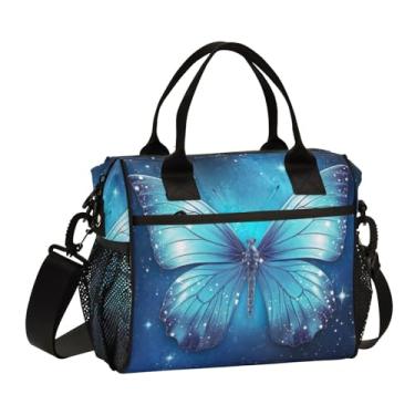 Imagem de GAIGEO Borboleta azul com uma lancheira reutilizável estrelada para adultos, lancheira feminina com alça, lancheira feminina para trabalho, M