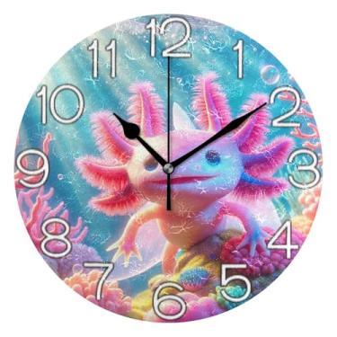 Imagem de GAIGEO Relógio de parede analógico decorativo quarto cozinha relógio redondo sem tique-taque silencioso, arte de parede moderna legal decoração de casa, lindo axolote rosa, 25 cm, ponteiros pretos