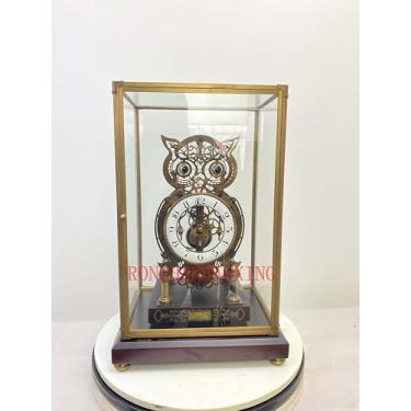 Imagem de Relógio mecânico de coruja, relógio de mesa de esqueleto de latão com vitrine de vidro, relógio dinâmico de estilo europeu, 33 x 26 x 53 cm