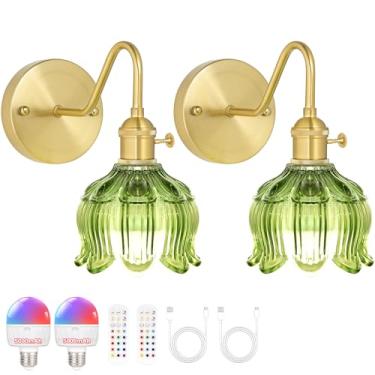 Imagem de NELICOND Conjunto de 2 arandelas de parede operadas por bateria, arandelas vintage sem fio com sombra de vidro tulipa verde, temperatura de 15 cores, bateria recarregável de 5000 mAh, luzes de parede