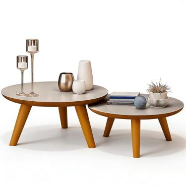 Imagem de Mesas De Centro Redonda Com Pés Plástico PVC Caramelo Kit 2un Para Sala Sofá Decoração (Off-Freijó)