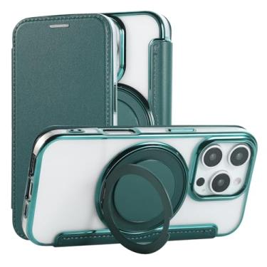 Imagem de Capa carteira para iPhone 12/12 Pro com 3 compartimentos para cartão, bloqueio RFID, suporte de anel giratório de 360° e compatibilidade magnética, capa traseira transparente à prova de choque