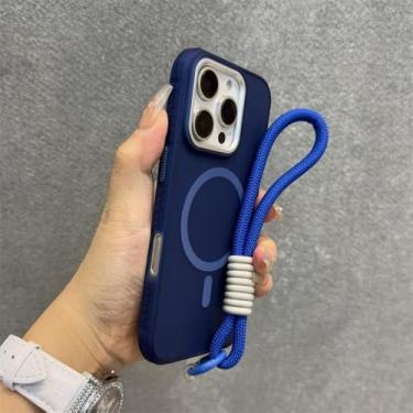 Imagem de Capa fina fosca de luxo para iPhone 13, 11, 12, 14, 15, 16 Pro Max Plus com estampa de pneu e proteção contra choque com alça de pulso, azul, para iPhone 16 Plus