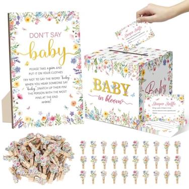 Imagem de 102 peças de artigos para chá de bebê de flores silvestres incluem 50 bilhetes de sorteio de fraldas, 1 caixa de cartão de sorteio de fraldas, 1 placa de bebê Don't Say e 50 prendedores de roupa de