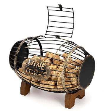 Imagem de ZOOFOX Suporte de cortiça de vinho com suporte de madeira, recipiente de cortiça de metal rústico para exibição e armazenamento, barril de cortiça de vinho decorativo para cozinha, ótima ideia de