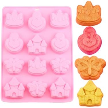 Imagem de EPYHREHM 12 moldes de silicone para chocolate com tema princesa cavidade coroa de castelo borboleta molde de doces para geleia de doces de chocolate