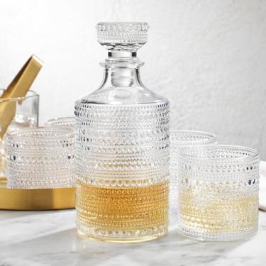 Imagem de Conjunto de decantadores de uísque para homens, copos de bebida com 4 pedras para bebidas alcoólicas, uísque, bourbon, licor. Conjunto de decantadores em relevo transparente estilo Hobnail presentes