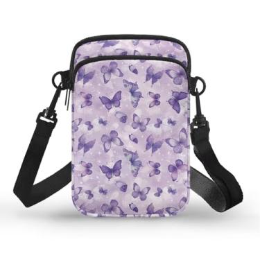 Imagem de CLOHOMIN Bolsa transversal para celular, mini bolsa tiracolo feminina e masculina com bolsos com zíper, Borboleta roxa