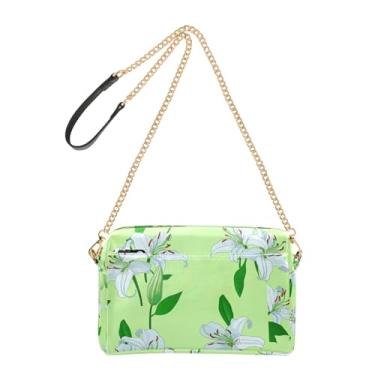 Imagem de Joitme Bolsa tiracolo feminina floral lírios brancos folhas verdes bolsa para celular bolsa de couro PU bolsa de ombro com alça de corrente