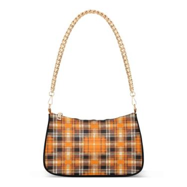 Imagem de Bolsa de ombro clássica preta xadrez laranja branca com corrente Hobo feminina com grande capacidade, bolsa moderna para uso diário ou noite